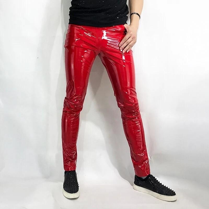 Men shiny pu leather red green black purple pants plus size