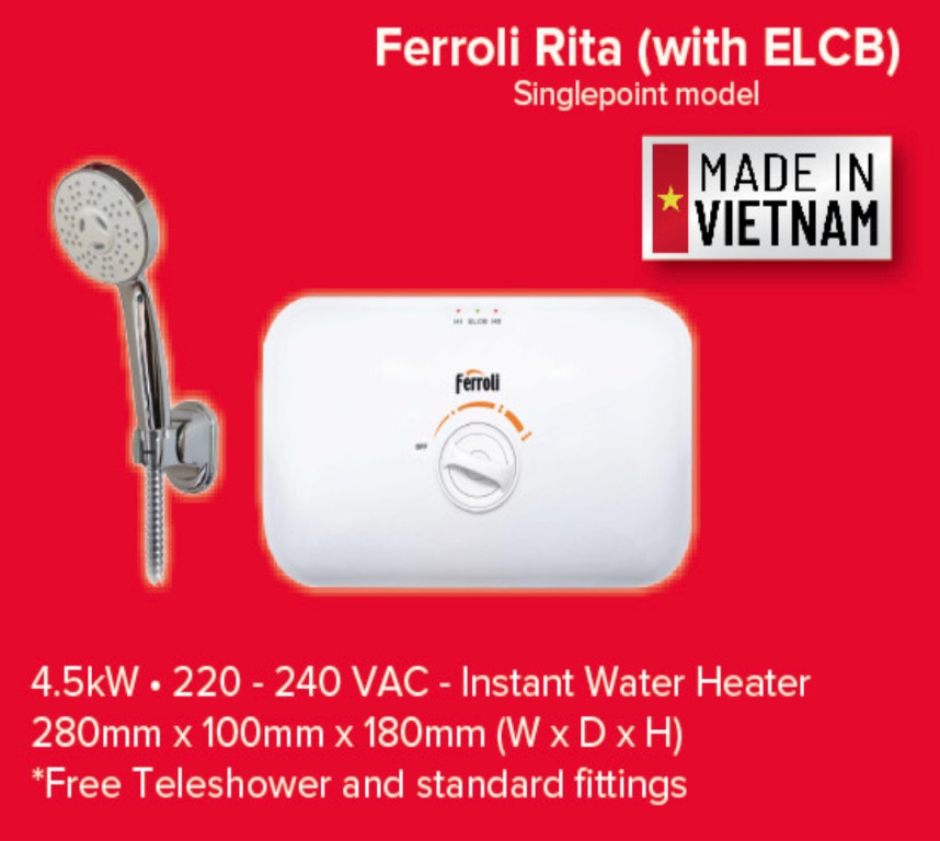 Shower Water Heater (Singlepoint 4.5kW) - Ferroli Rita, TV u0026 Home  Appliances, Air Conditioning and Heating on Carousell
