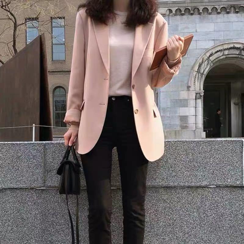 1466 tumblr basic formal structured light pink long sleeve black button  korean blazer, Women's Fashion, Tops, Other Tops on Carousell