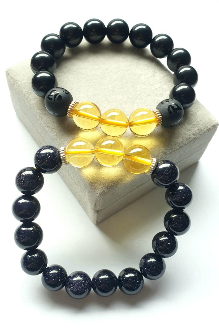 Black Obsidian Six Mantra with Citrine Blue Sandstone with Citrine Crystal Bracelet