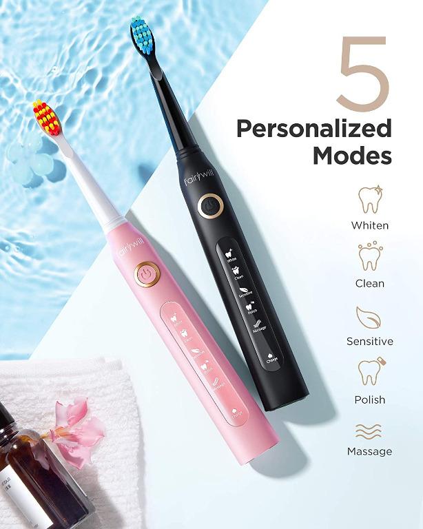 Freedelivery Fairywill Set Of 2 Electric Toothbrush Rechargeable Sonic Whitening Toothbrush For Adults And Juniors With 5 Modes 10 Dupont Brush Heads 2 Travel Cases Black And Pink Fw 507 Set Beauty