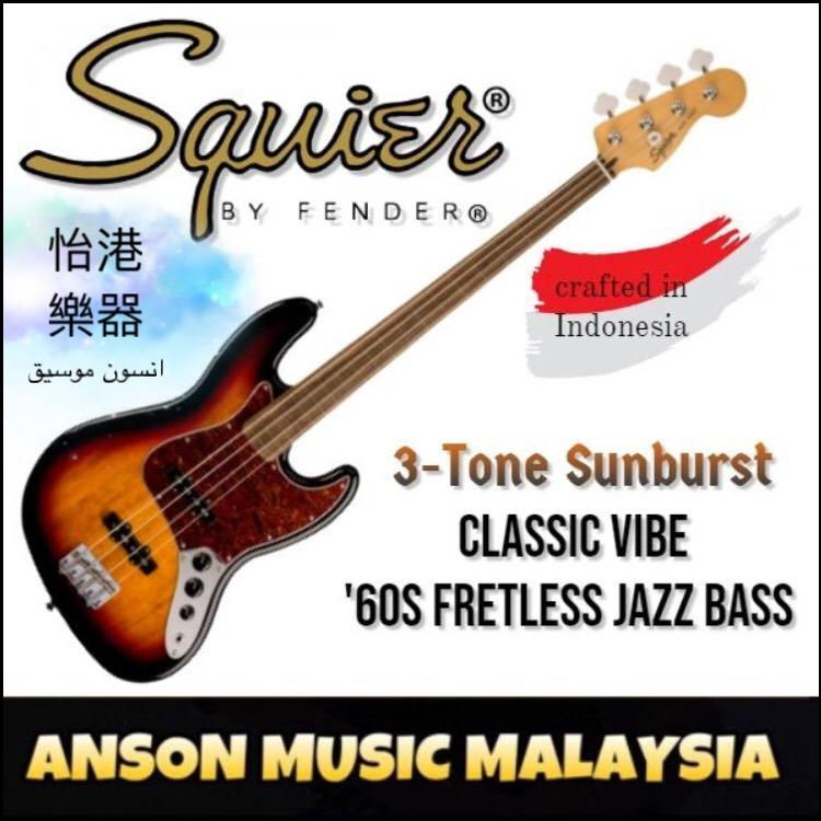 Jazz　Laurel　Music　on　Musical　Sunburst,　Media,　Fingerboard,　Fretless　Vibe　Toys,　Instruments　Classic　Squier　3-Tone　Hobbies　'60s　Bass,　Carousell