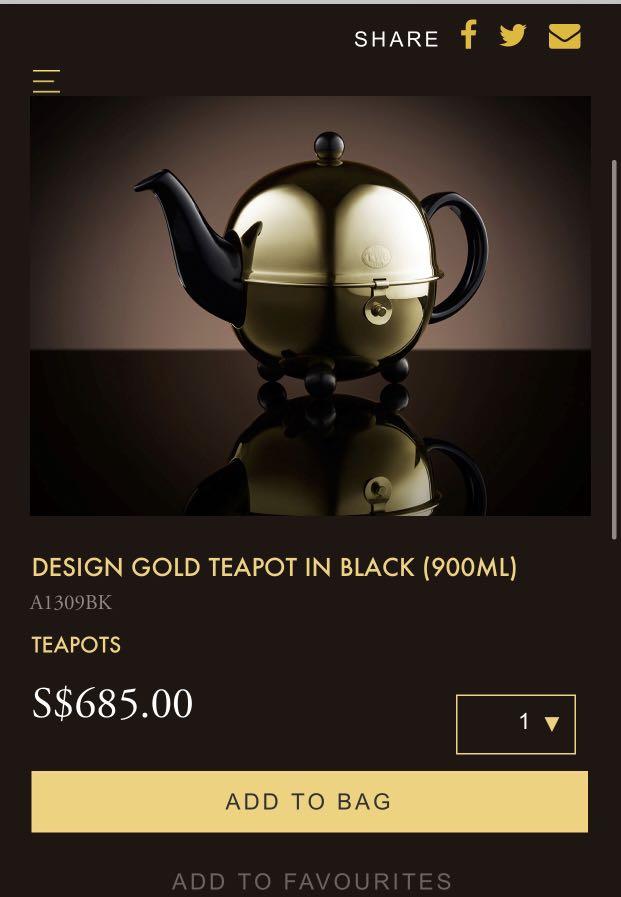 Twg Design Gold Teapot in Black, Furniture & Home Living, Kitchenware