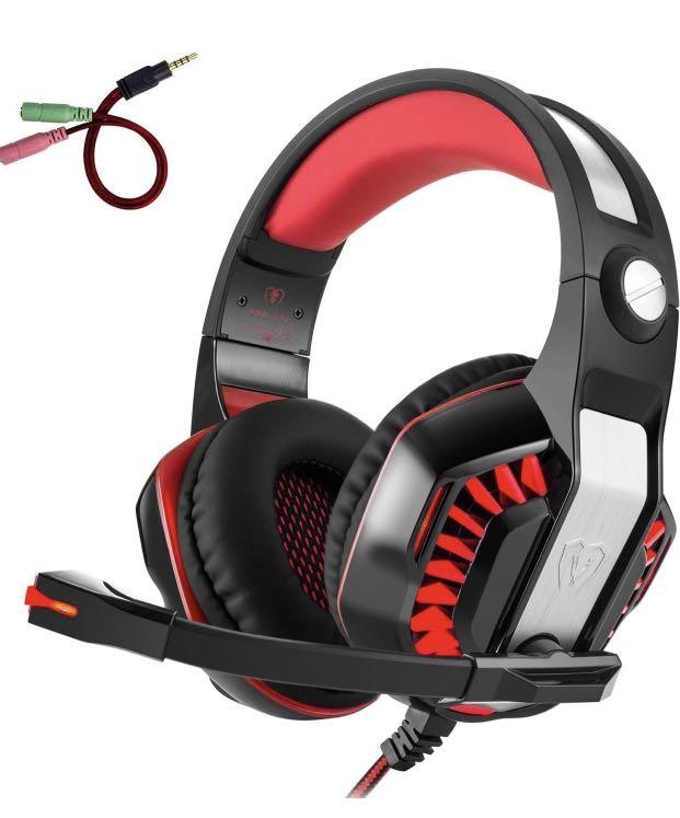 White Gaming Headset for Xbox One,PS4,PC,Laptop,Tablet with Mic,Pro Over Ear Headphones,Two Free 3.5mm Y Splitter,Noise Canceling,USB Led Light,Stereo Bass Surround for Kids,Mac,Smartphones 
