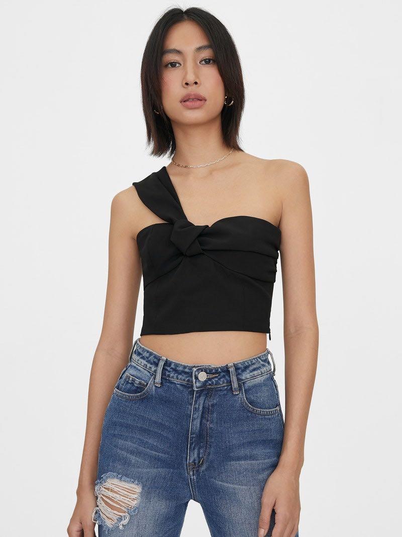 BNWOT Pomelo One Shoulder Knotted Sweetheart Top in Black XS Women s Fashion Tops Sleeveless on Carousell