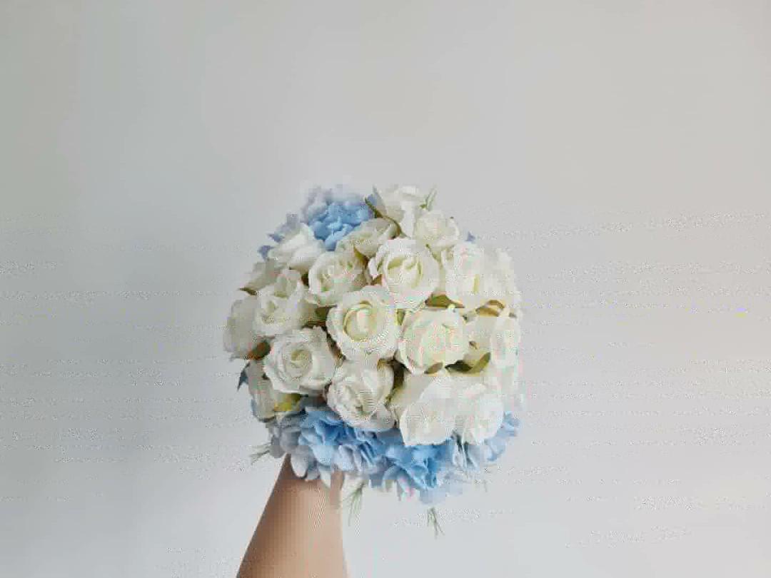 Bridal Wedding Bouquet Ball Of White Roses With Blue Hydrangea Artificial Flower Hobbies Toys Stationery Craft Flowers Bouquets On Carousell