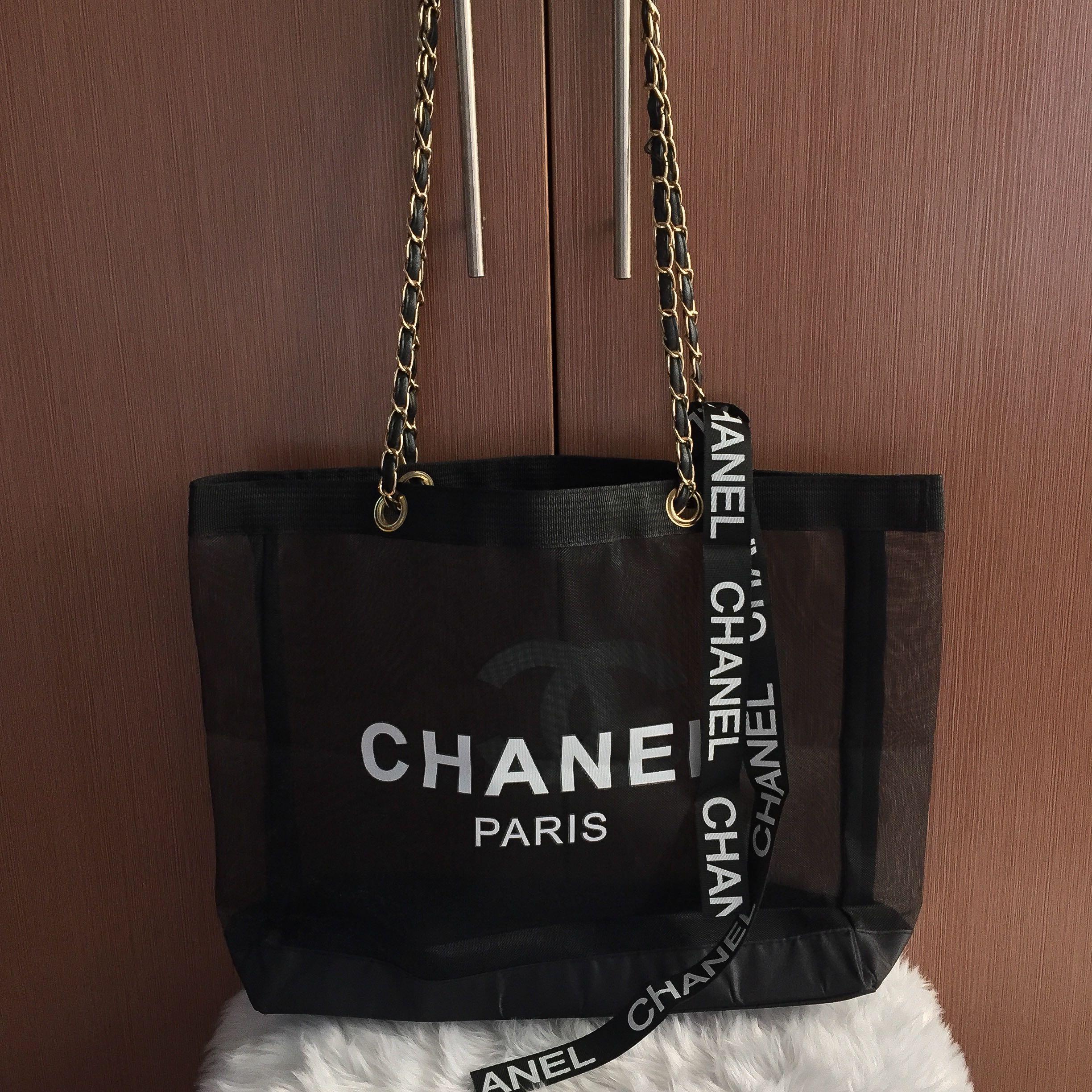 Chanel Black Ribbon Mesh Gold Hardware Beach Tote Shopping Bag