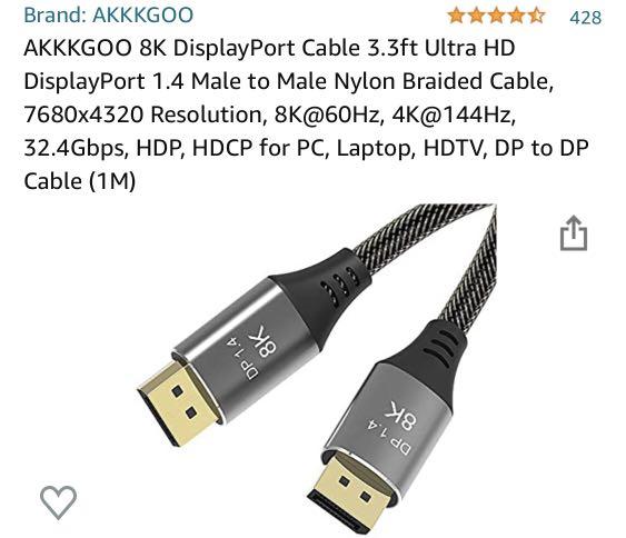 HDCP for PC 8K@60Hz AKKKGOO 8K DisplayPort Cable 10ft Ultra HD DisplayPort 1.4 Male to Male Nylon Braided Cable 3M 4K@144Hz Laptop 32.4Gbps HDTV DP to DP Cable 7680x4320 Resolution HDP 