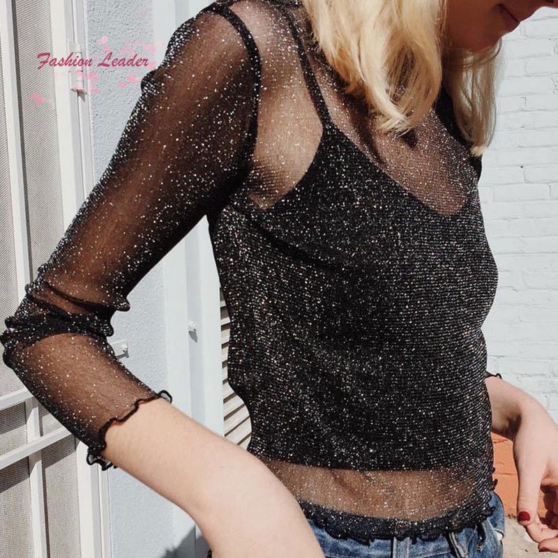 black mesh sequin top
