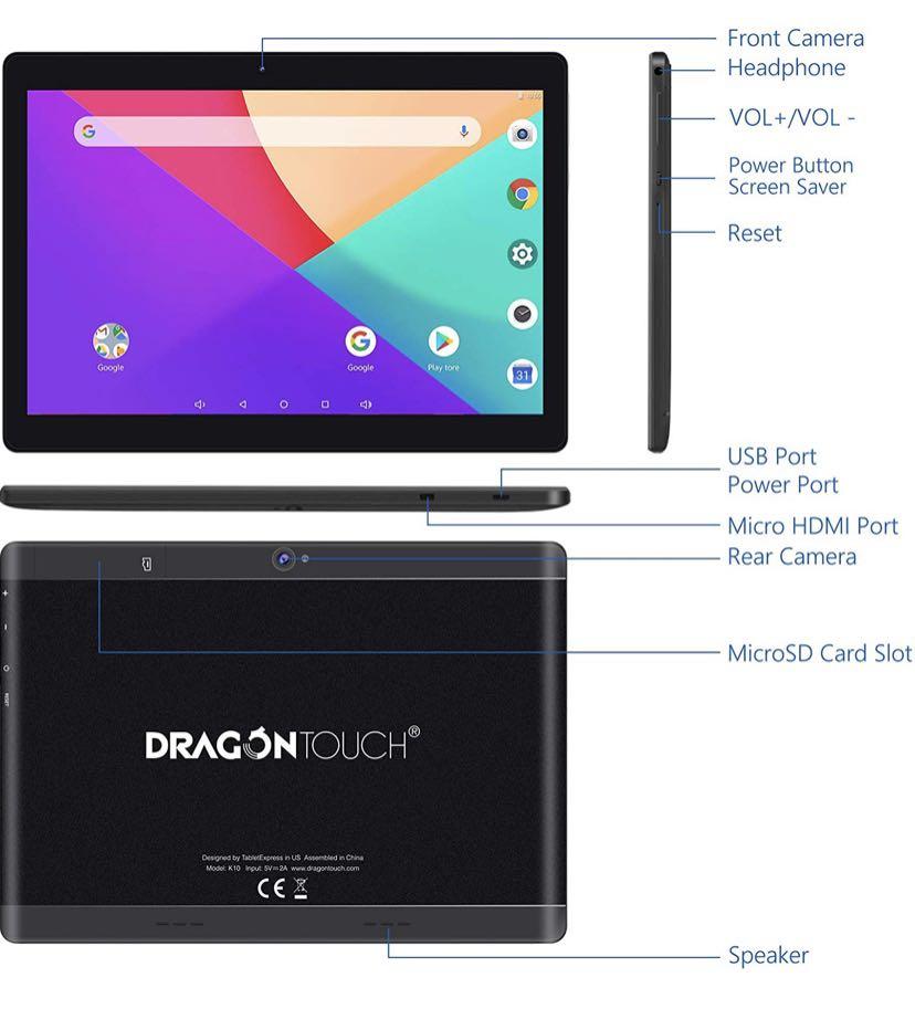 Dragon Touch K10 Tablet, 10 inch Android Tablet with 16 GB Quad Core