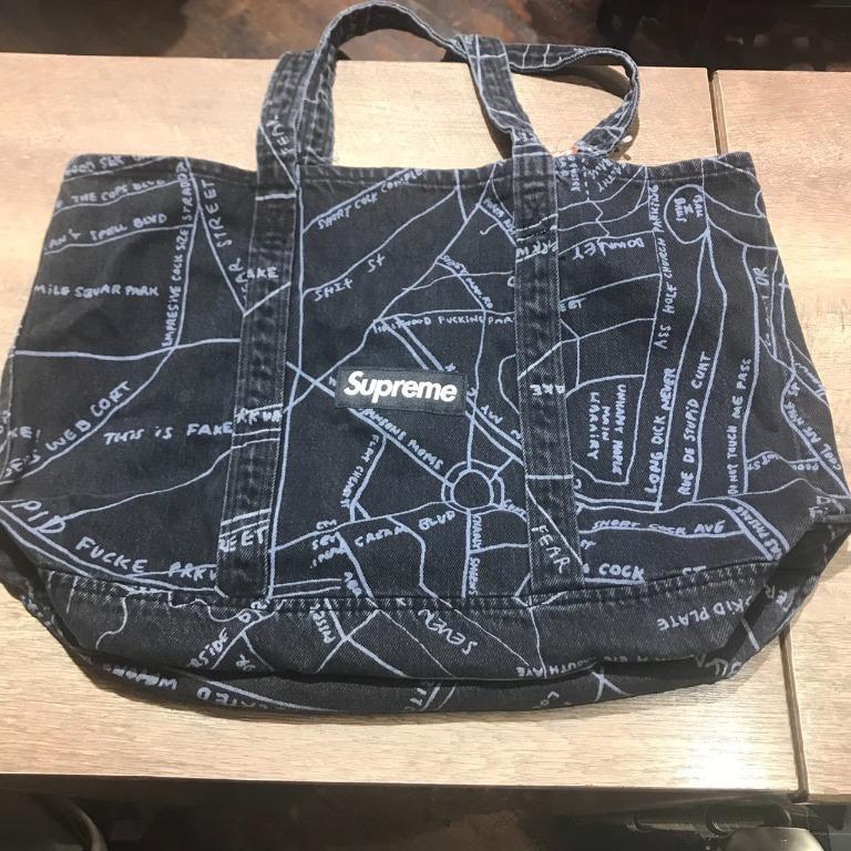 Supreme 19SS Gonz Map Denim Tote Bag (Black), 名牌, 手袋及銀包