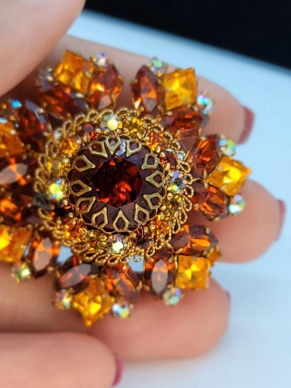 Vintage Austrian Brooch With Deep Orange and Aurora Borealis