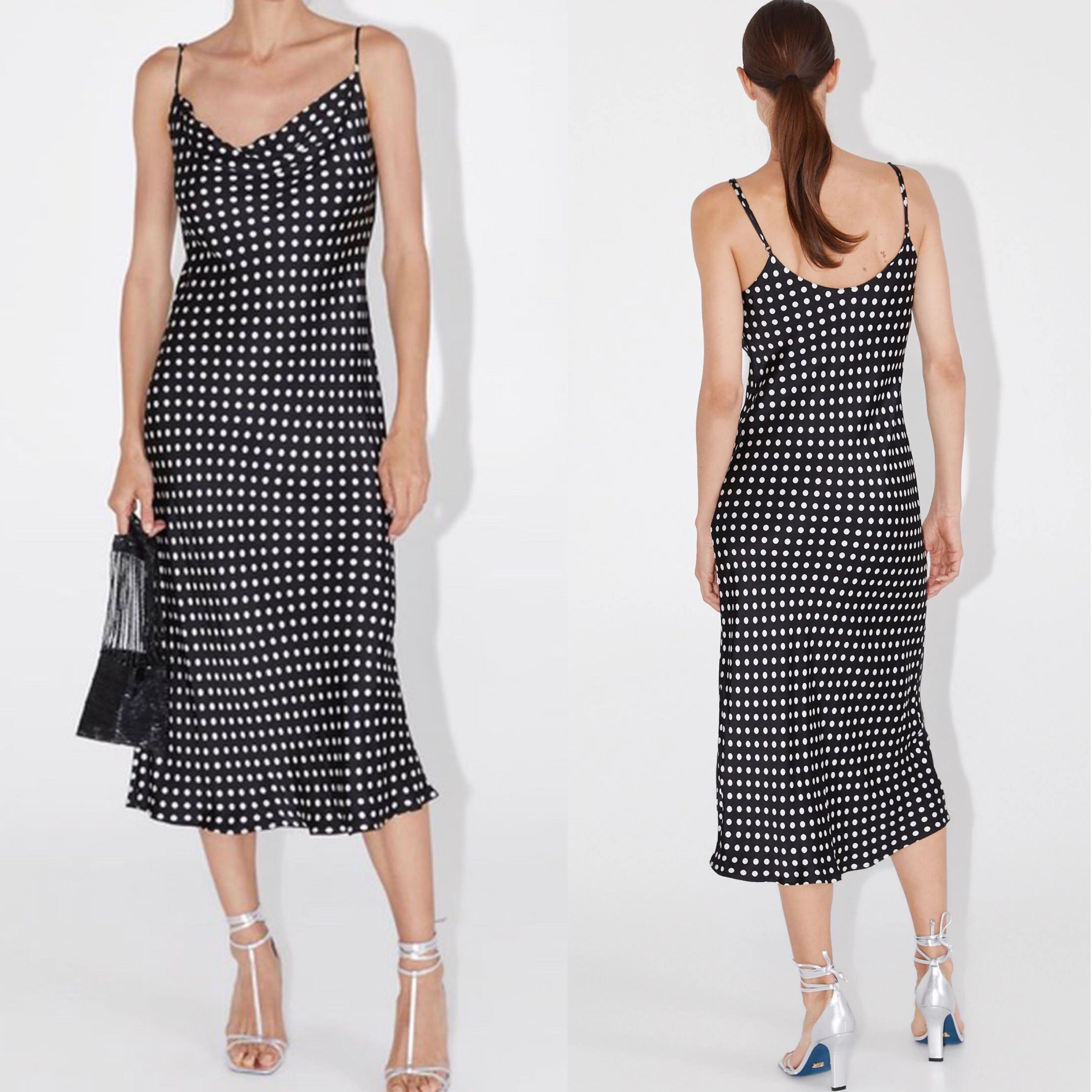 black polka dot cowl neck cami slip midi dress