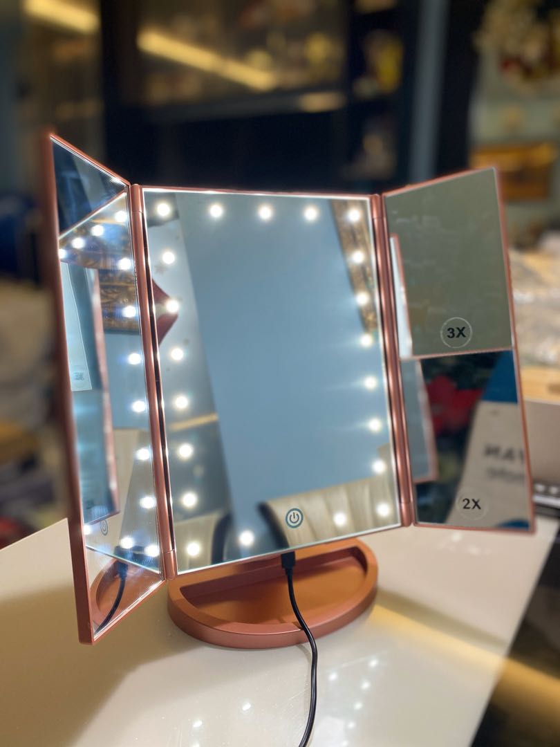 deweisn Tri Fold Lighted Vanity Makeup Mirror with 21 LED Lights 3X 2X Magnification Mirror Touch Sensor Switch Two Power Supply Mode Tabletop Makeup Mirror Travel Cosmetic Mirror Rose Gold Everything...