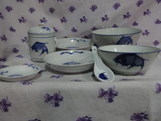 Vintage Fish Design Porcelain Sauceplate, Plate, Bowl, Brewing Pot, Soup Spoon - AHT251