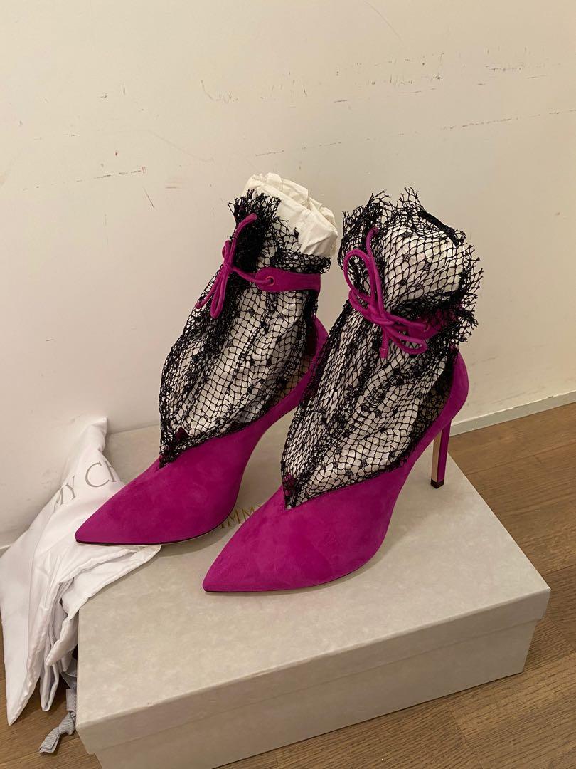 Jimmy Choo leanne 100 purple black polka dots lace pumps high