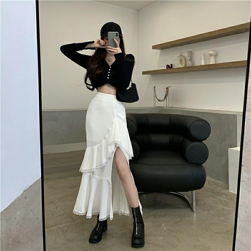 PO FREEPOS High Waisted Ruffle Lace White Long Skirt with Slit Women s Fashion Bottoms Skirts on Carousell
