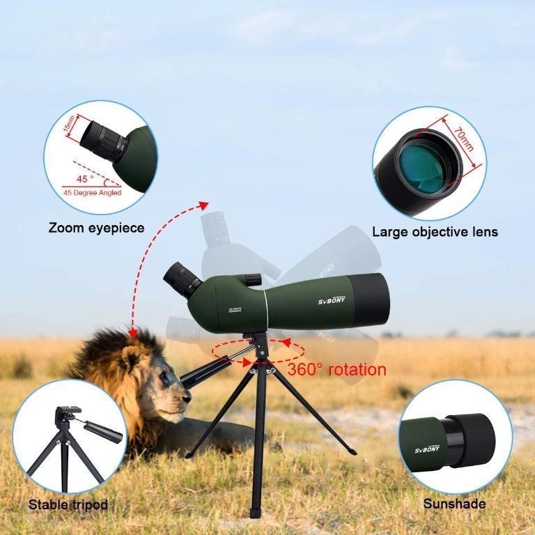 SVBONY SV28 SPOTTING SCOPE (Category: Hiking & Camping) located in Taguig. Submitted by urbangizbyinfomax (Listing ID 1053863361, Image 3). Description: * 25-75x zoom;SV28 spotting scope is easy to focus and change magnification;easily set up when looking at birds and scenery;A great spotting scope for beginner to novice * 70mm large object lens;More powerful light gathering ability;70mm tube allows plenty of light and decent view of the target o