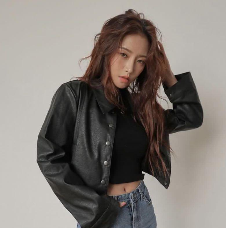 avail stylenanda snap up faux leather jacket in black Women s Fashion Coats Jackets and Outerwear on Carousell
