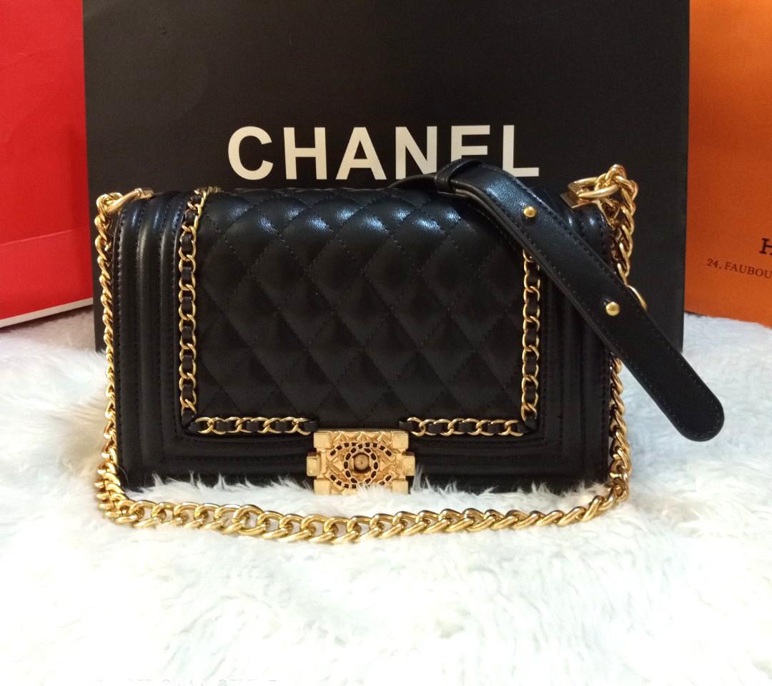 CHANEL MEDALLION OLD MEDIUM BLACK BOY BAG WITH BOTH CHAIN AND LEATHER STRAP   Still in fashion