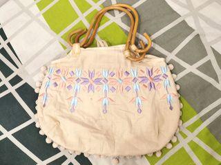 Embroidered Hand Bag with Wooden Handle