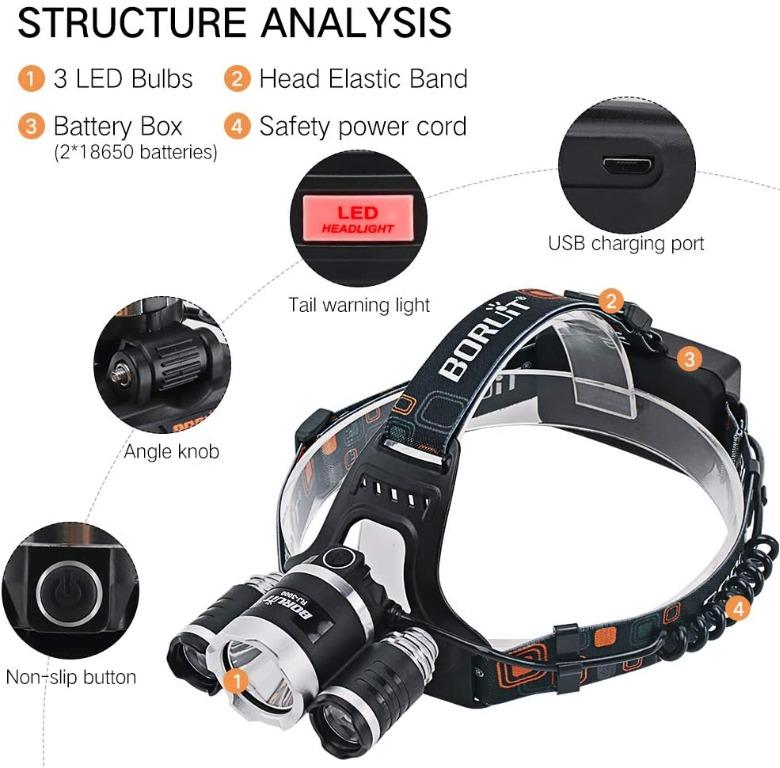 FREE DELIVERY) Rechargeable flashlight led headlamp, Boruit RJ-3000  headlamp modes 5000 high lumens water resist Led headlight for camping  hiking, Sports Equipment, Hiking  Camping on Carousell