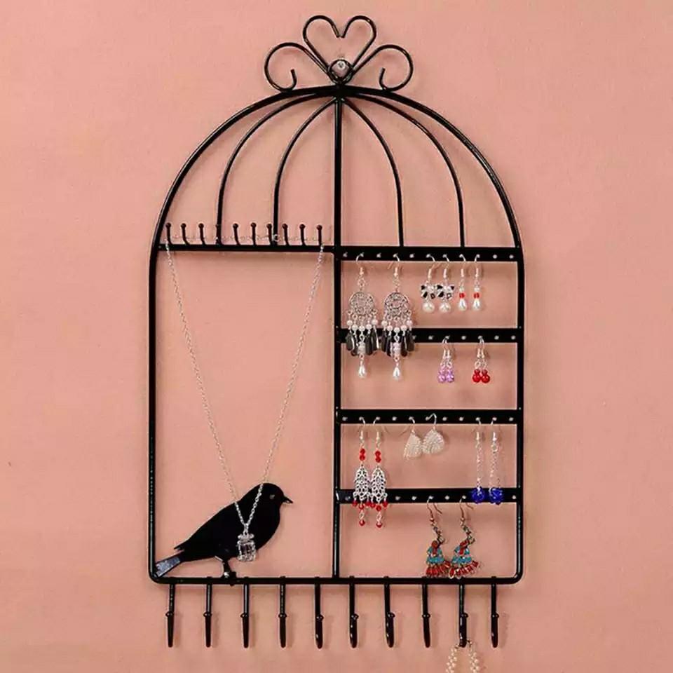 Iron Creative Birdcage Shape Hanging Jewelry Rack Creative Bird Decoration Large Capacity Earring Holder Necklace Hanger Furniture Home Living Home Improvement Organisation Storage Boxes Baskets on Ca...