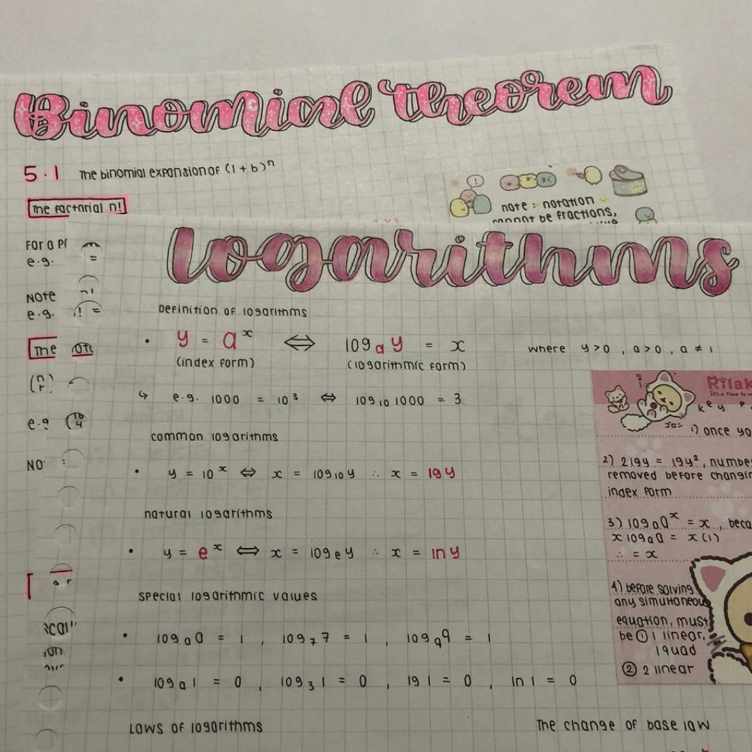 O level A math study notes (Category: Assessment Books) located in Singapore. Submitted by artfromtheheartsg (Listing ID 1054023844, Image 3). Description: $1 for each topic in coloured PDF! 🌟 Each topic usually one page 🌟 Concise and useful notes 🌟 Making these notes helped me get from an E8 to an A2 :) 🌟 Full A Math softcopy notes [15 pages] = $12 💫 Available chapters • Equations and Inequalities • Surds and Indices • Polynomials and Parti