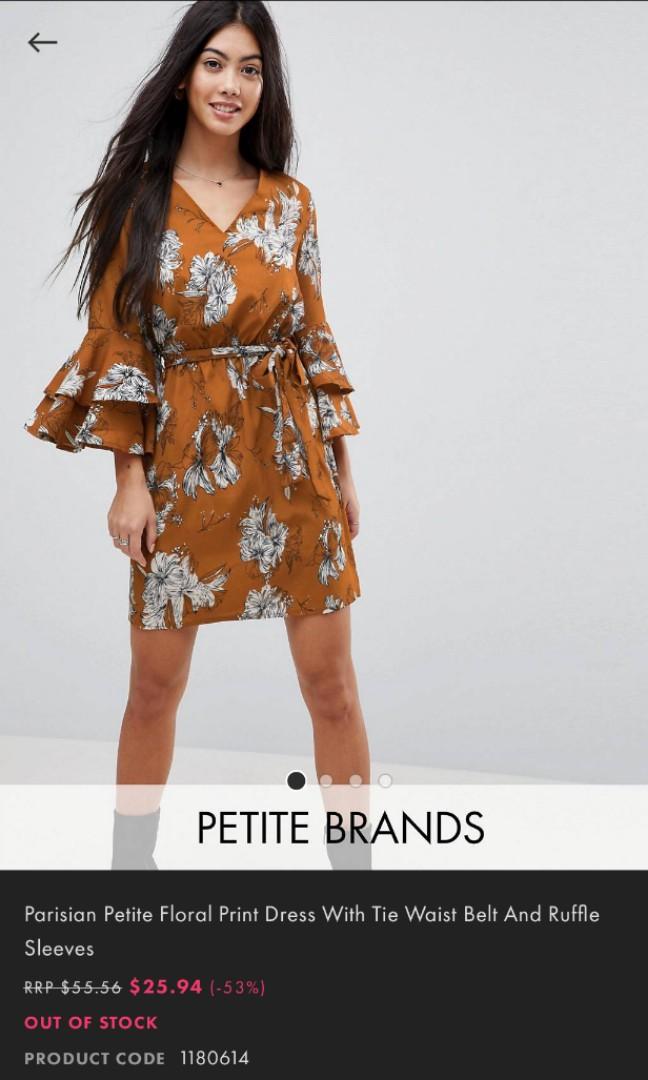 Parisian Petite Mustard Floral Print Dress with tie waist belt and ruffle sleeves Women s Fashion Tops Sleeveless on Carousell