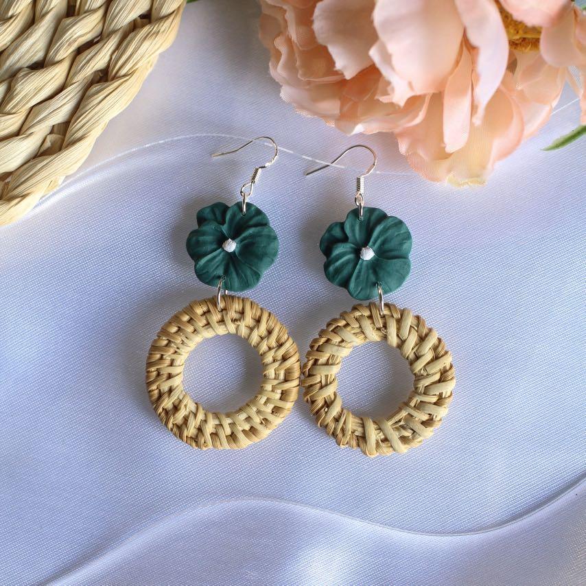 Wildflower Emerald Green Rattan Dangle Polymer Clay Earrings