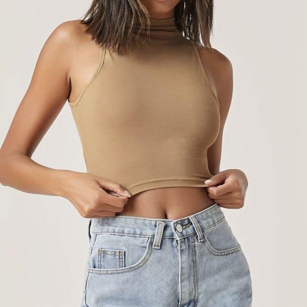 SHEIN Mock Neck Halter Top in NUDE COLOR, Women's Fashion, Tops