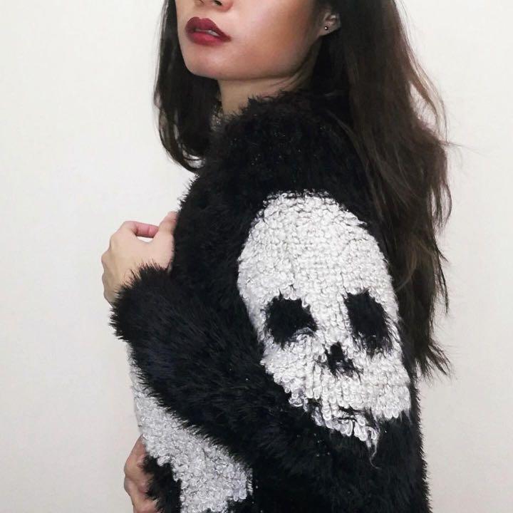 Skull & crossbones woolly long cardigan (Category: Coats, Jackets and Outerwear) located in Makati City. Submitted by andromeda_ (Listing ID 1054433281, Image 3). Description: Love! Woolly statement piece, Skull & Crossbones cardigan. A chic way of saying don’t mess with me. In good condition. White parts slightly faded. Brand Cecil de Word Fits S - L Mine 750 + SF.