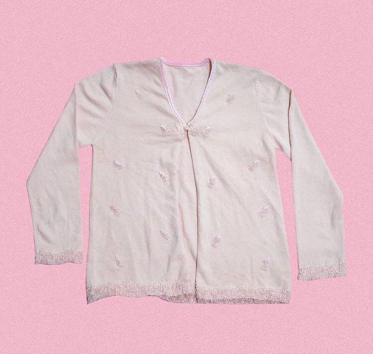 pastel pink cardigan