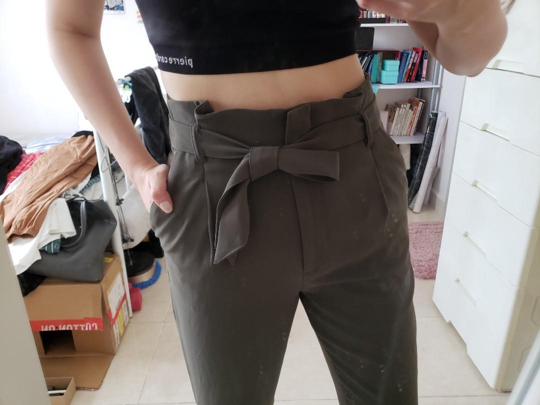 H M paper bag waist army green pants