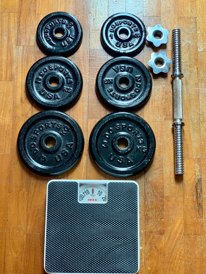 Adjustable Dumbbell Set with free Ikea weighing scale Sports Equipment Exercise Fitness Weights Dumbbells on Carousell