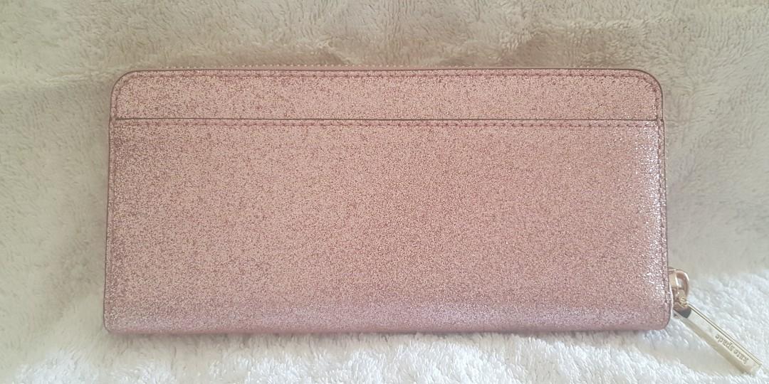Authentic Kate Spade Pink Glitter Rose Gold Burgess Court Slim Continental Wallet