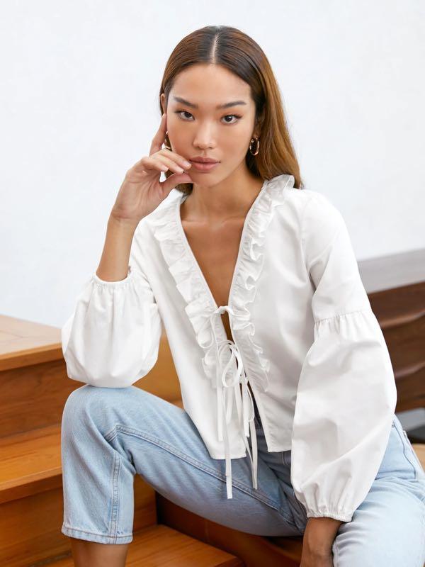 white front ruffle blouse