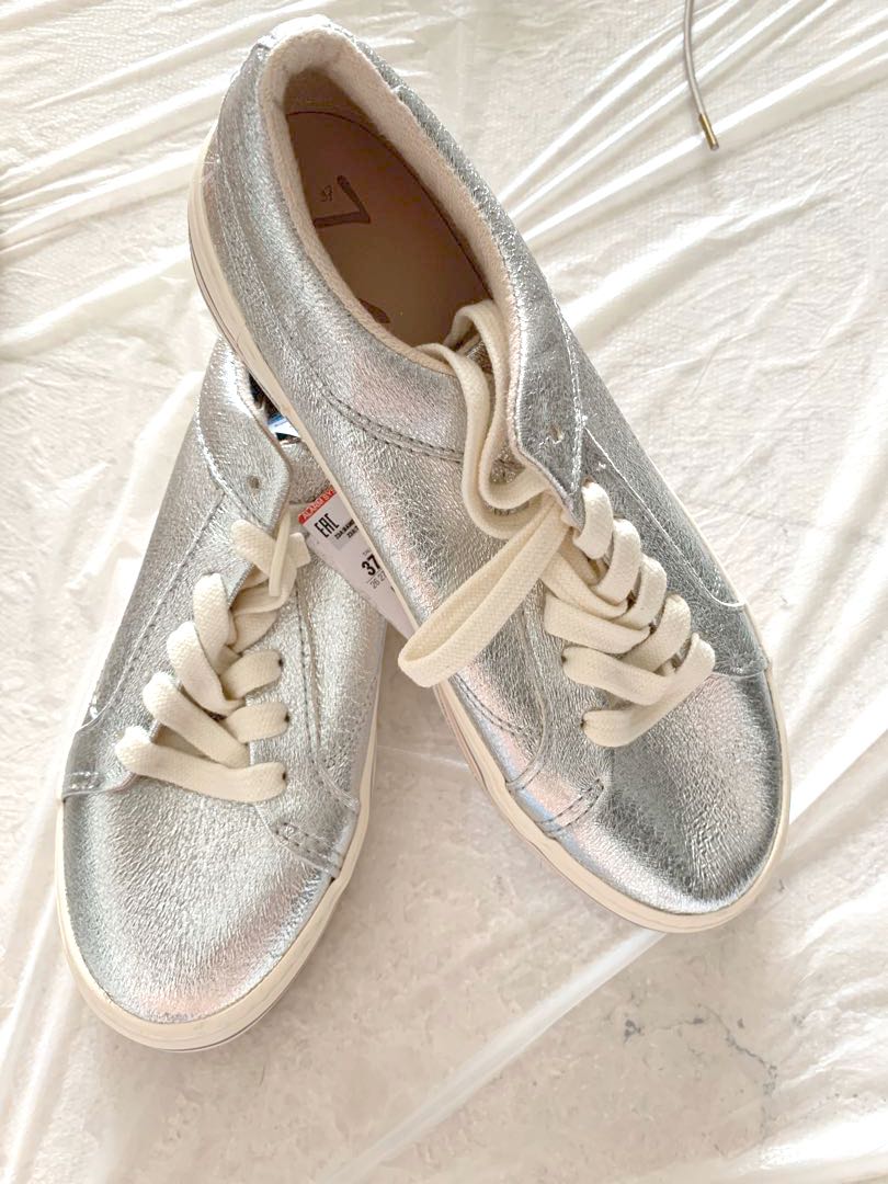 New Zara Silver Casual Shoes With Milky White Stripes On Carousell