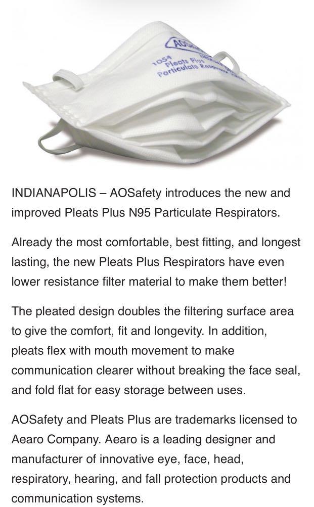美國大牌子 AOsafety Pleats Plus N95 口罩50枚, 健康及營養食用品, 口罩、面罩 Carousell