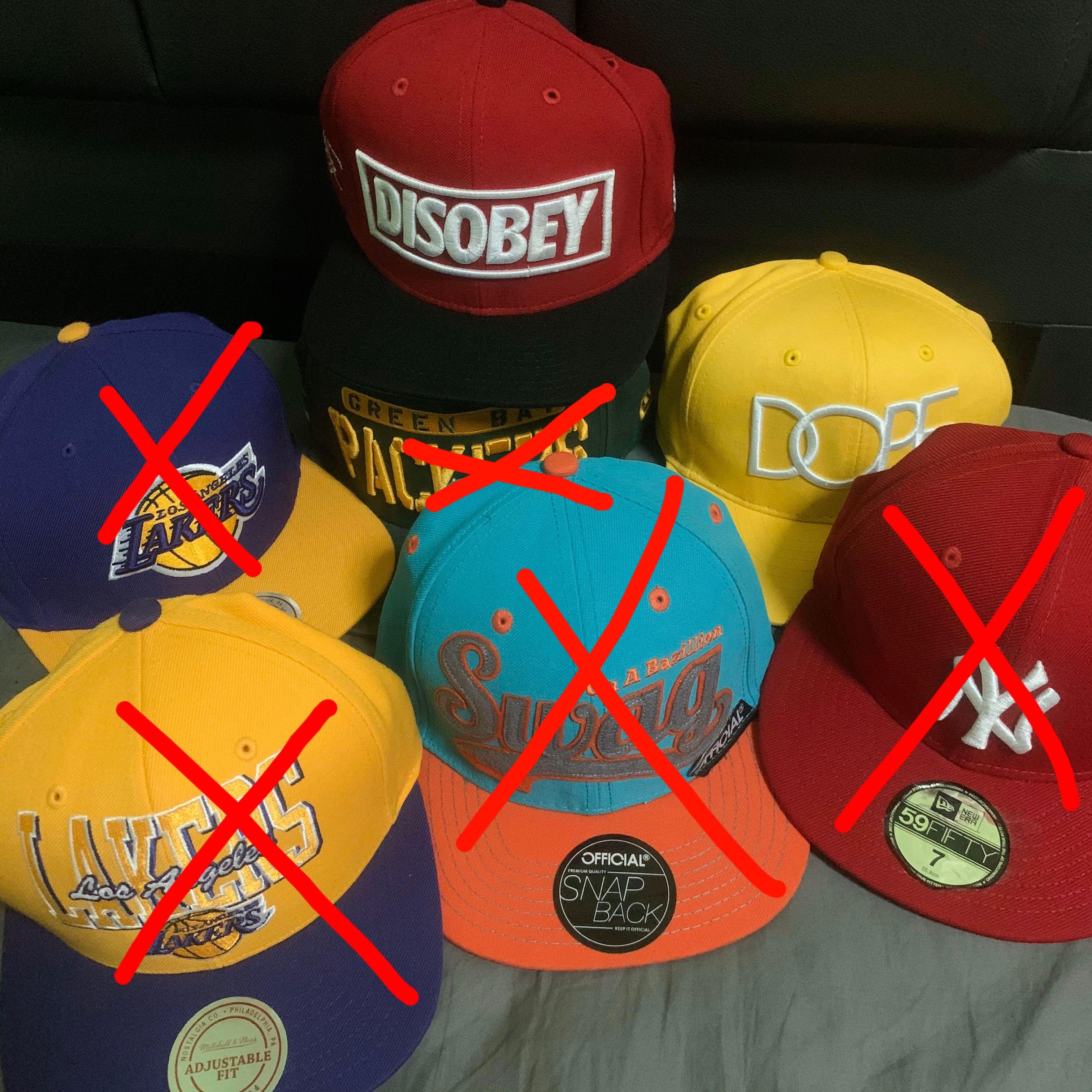 Authentic Snapbacks (Category: Caps & Hats) located in Singapore. Submitted by peppaprincess (Listing ID 283667798, Image 1). Description: An assortment of authentic New Era, MLB, OFFICIAL, NFL, Mithchell & Ness, Bitch Please, DOPE branded caps and snapbacks each worn less than thrice for sale! - Green Bay Packers (SOLD) - Los Angeles Lakers Purple (SOLD) - Los Angeles Lakers Yellow (SOLD) - OFFICIAL brand Swag (SOLD) - DOPE Yellow - B!tch Please