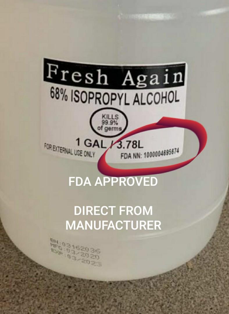 ISOPROPYL ALCOHOL WITH MOISTURIZER (Category: Face Care) located in Quezon City. Submitted by cleanedgetrading (Listing ID 285856178, Image 1). Description: FRESH AGAIN ISOPROPYL ALCOHOL 68% with Moisturizer 》》》FDA APPROVED《《《 》》》with MSDS《《《 》》》with certificate of analysis《《《 SOLD PER GALLON shipment fee DELIVERY VIA LALAMOVE OR TRANSPORTIFY motorcycle rate - 4 to 5 gals up to 20kilos car rate -6 gals up to 300kilos SUV rate - 301kilos to 600 ki