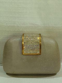 beige leather evening clutch or sling with beautiful crystals