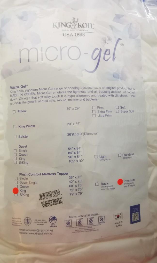 King Koil Made in Korea Premium Micro Gel bed topper, Furniture