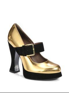 Marni gold leather mary jane pumps with black suede heel, strap, and platform