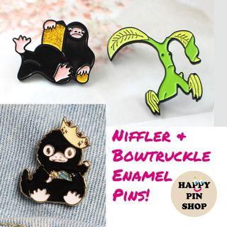 Bowtruckle & Niffler Enamel Pins (glitter pins, Fantastic Beasts, Harry Potter)