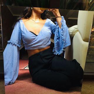WHOIAM baby blue flared long sleeve top with tassels