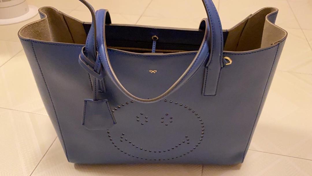 Blue Anya Hindmarch Smiley Face Tote, Women's Fashion, Bags & Wallets