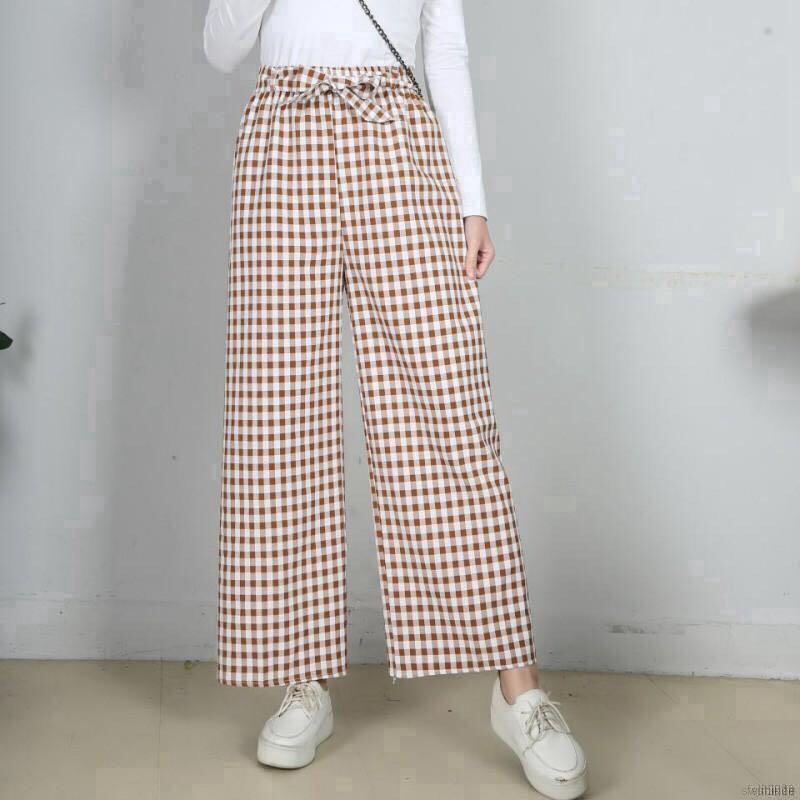 Checkered Plaid Gingham Brown Wide Leg 