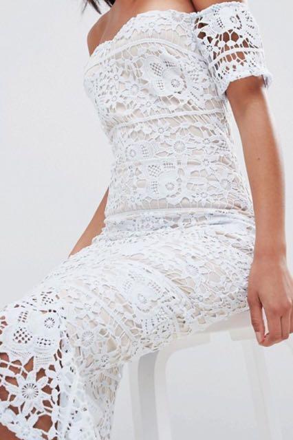 Missguided Tall Lace Bardot Fishtail Midi Dress