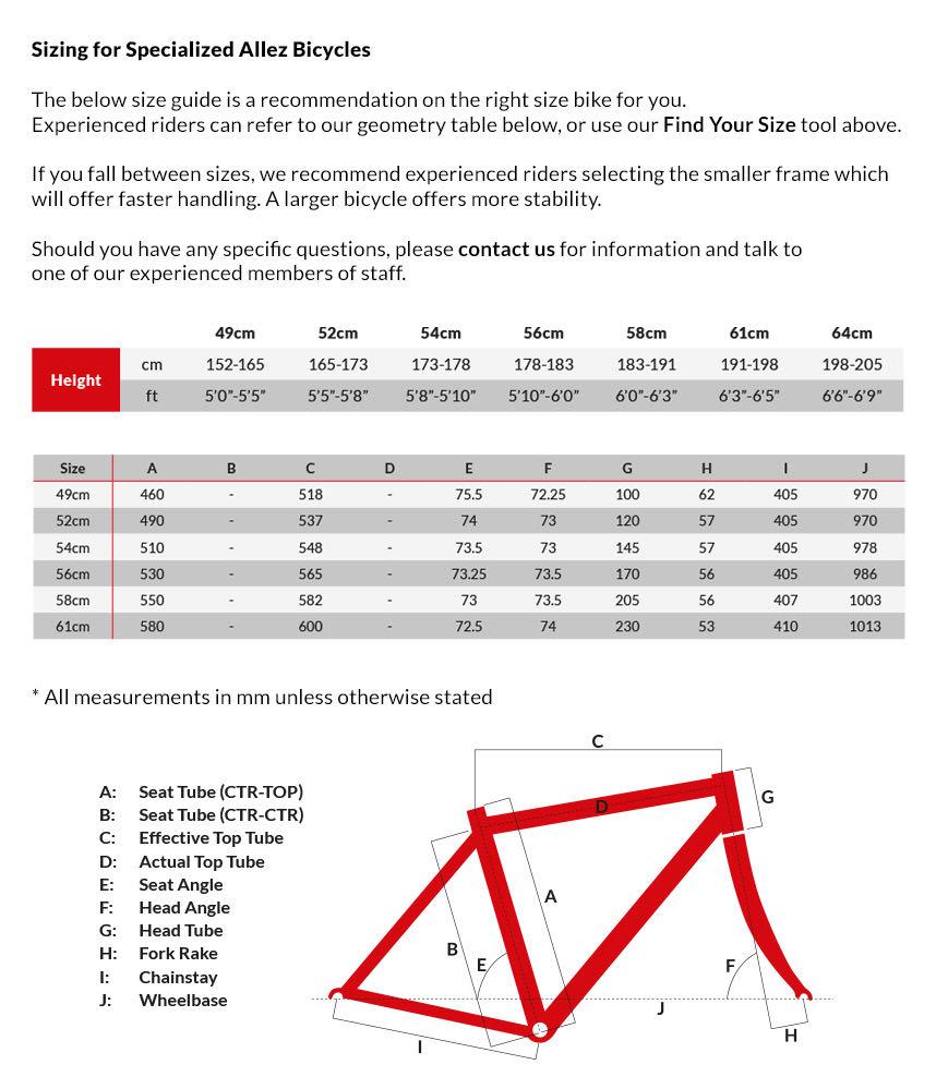 Specialized allez top bike size chart
